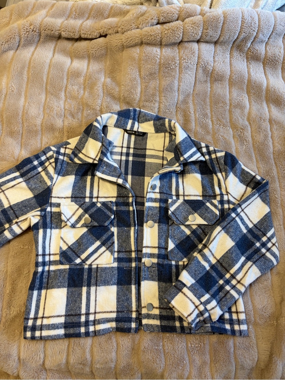 Blue and White Plaid Button-Up Shirt Jacket